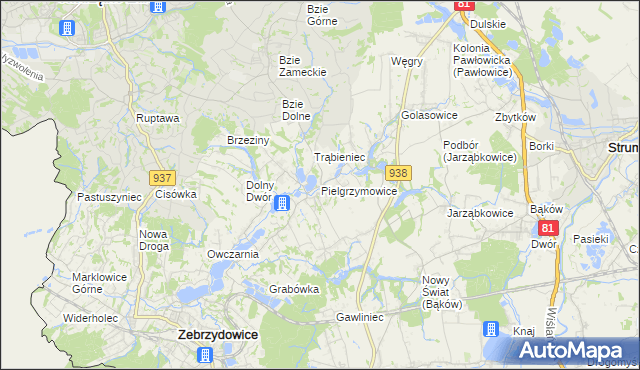 mapa Pielgrzymowice gmina Pawłowice, Pielgrzymowice gmina Pawłowice na mapie Targeo