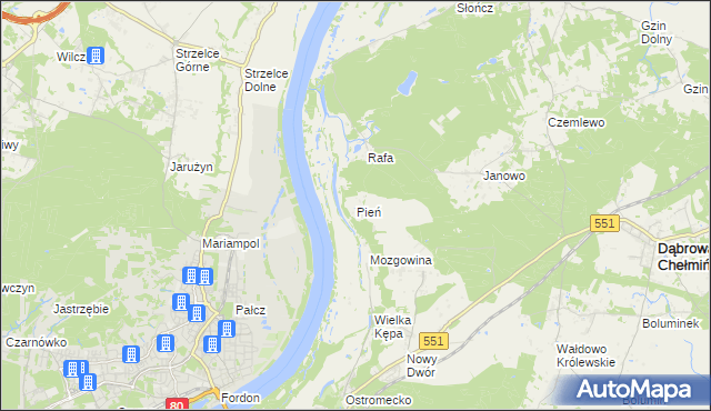 mapa Pień gmina Dąbrowa Chełmińska, Pień gmina Dąbrowa Chełmińska na mapie Targeo