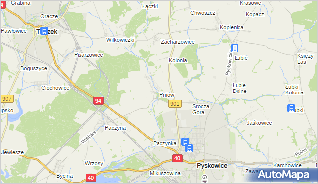 mapa Pniów gmina Toszek, Pniów gmina Toszek na mapie Targeo