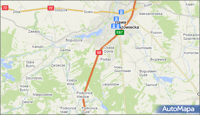 mapa Podlas gmina Rawa Mazowiecka, Podlas gmina Rawa Mazowiecka na mapie Targeo