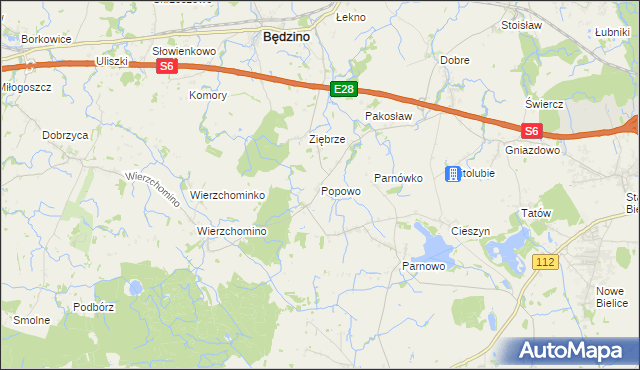 mapa Popowo gmina Będzino, Popowo gmina Będzino na mapie Targeo