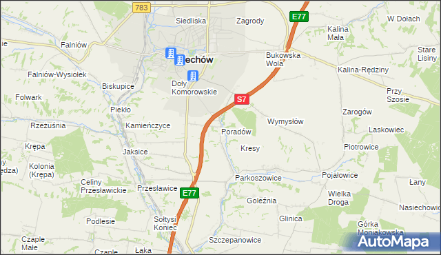 mapa Poradów gmina Miechów, Poradów gmina Miechów na mapie Targeo