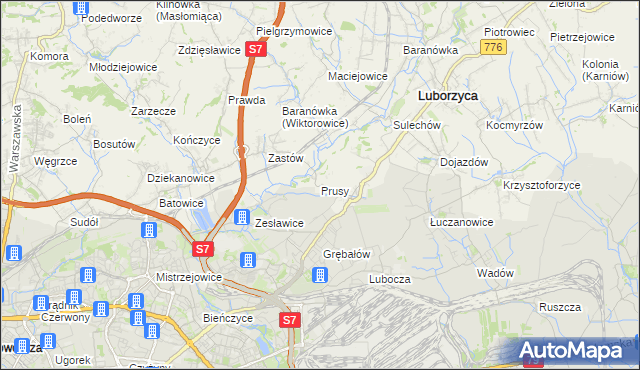 mapa Prusy gmina Kocmyrzów-Luborzyca, Prusy gmina Kocmyrzów-Luborzyca na mapie Targeo