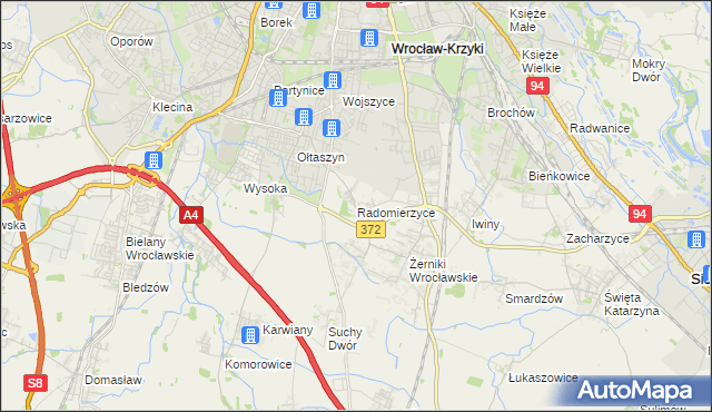 mapa Radomierzyce gmina Siechnice, Radomierzyce gmina Siechnice na mapie Targeo