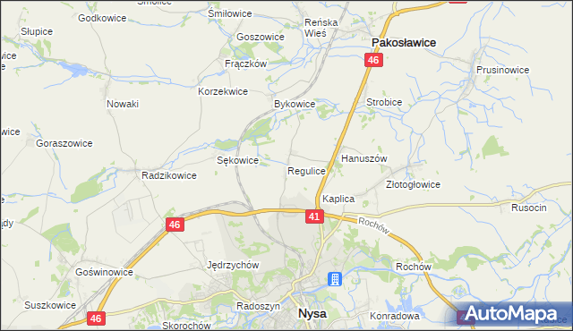 mapa Regulice gmina Nysa, Regulice gmina Nysa na mapie Targeo