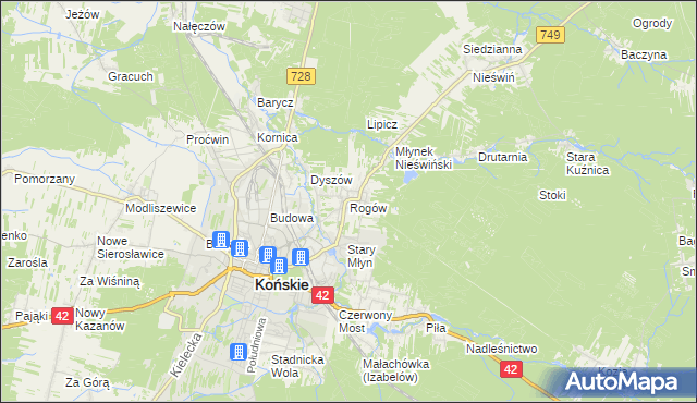 mapa Rogów gmina Końskie, Rogów gmina Końskie na mapie Targeo