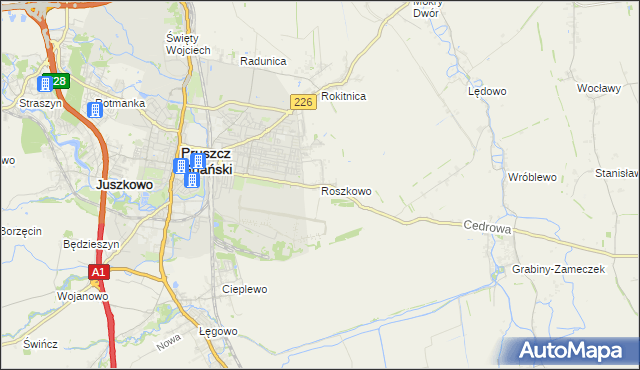 mapa Roszkowo gmina Pruszcz Gdański, Roszkowo gmina Pruszcz Gdański na mapie Targeo