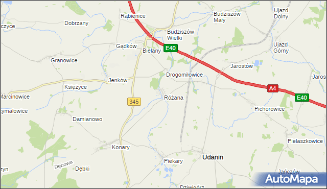 mapa Różana gmina Udanin, Różana gmina Udanin na mapie Targeo