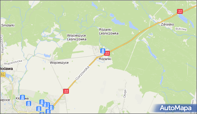 mapa Różanki gmina Kłodawa, Różanki gmina Kłodawa na mapie Targeo