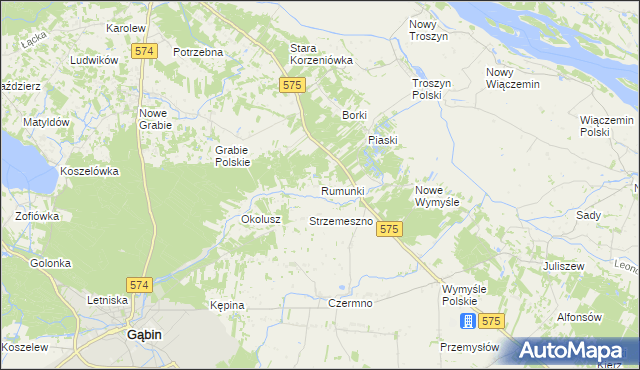 mapa Rumunki gmina Gąbin, Rumunki gmina Gąbin na mapie Targeo