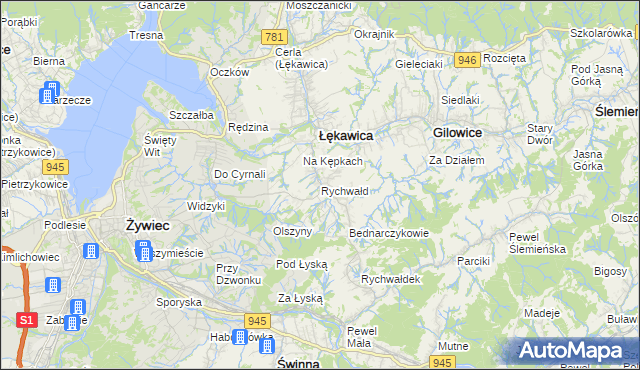 mapa Rychwałd gmina Gilowice, Rychwałd gmina Gilowice na mapie Targeo