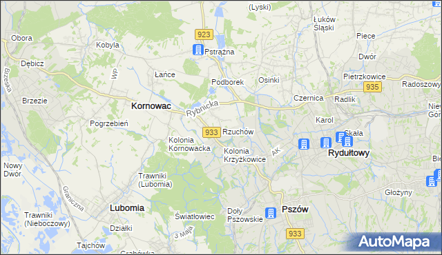 mapa Rzuchów gmina Kornowac, Rzuchów gmina Kornowac na mapie Targeo