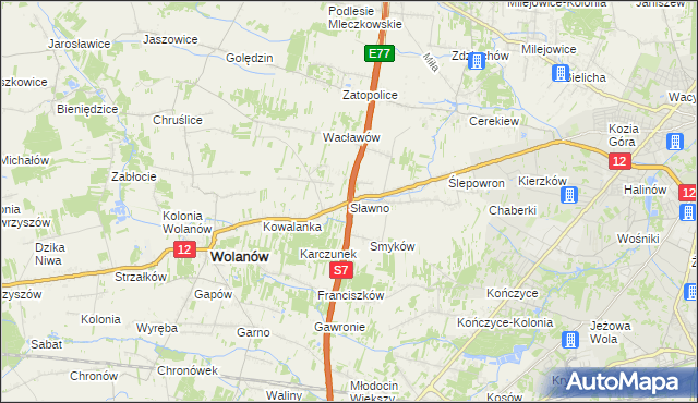 mapa Sławno gmina Wolanów, Sławno gmina Wolanów na mapie Targeo