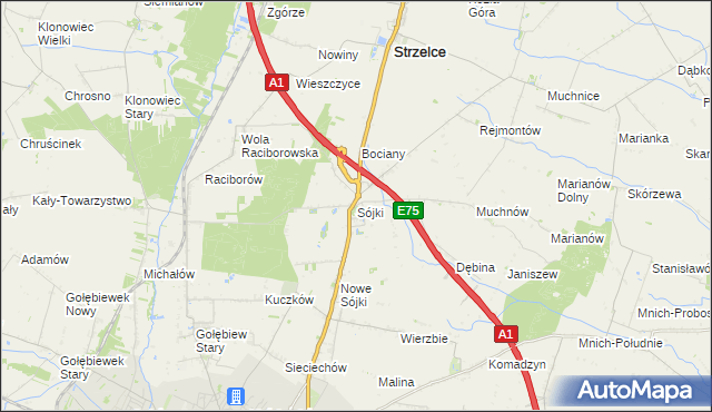 mapa Sójki gmina Strzelce, Sójki gmina Strzelce na mapie Targeo