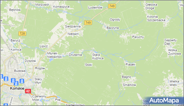 mapa Stara Kuźnica gmina Końskie, Stara Kuźnica gmina Końskie na mapie Targeo