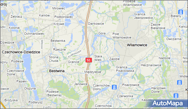 mapa Stara Wieś gmina Wilamowice, Stara Wieś gmina Wilamowice na mapie Targeo