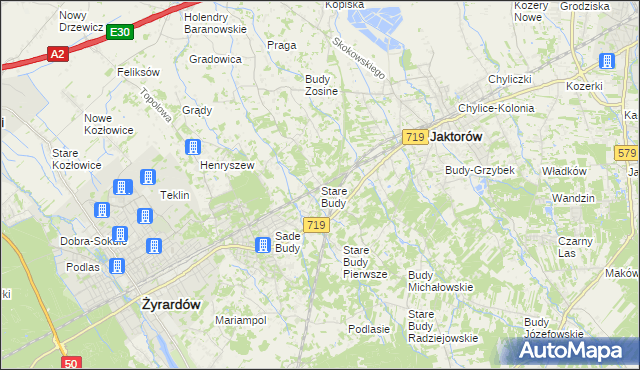 mapa Stare Budy gmina Jaktorów, Stare Budy gmina Jaktorów na mapie Targeo