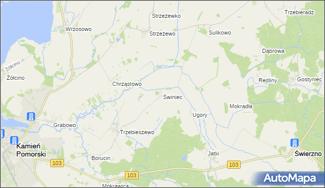 mapa Świniec gmina Kamień Pomorski, Świniec gmina Kamień Pomorski na mapie Targeo