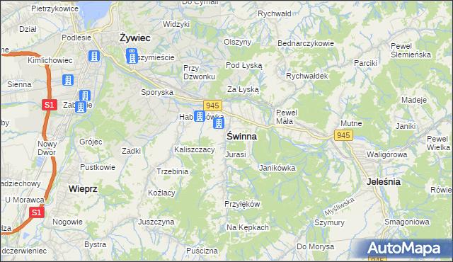 mapa Świnna powiat żywiecki, Świnna powiat żywiecki na mapie Targeo