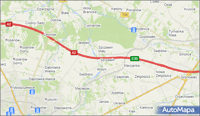 mapa Szczawin gmina Zgierz, Szczawin gmina Zgierz na mapie Targeo