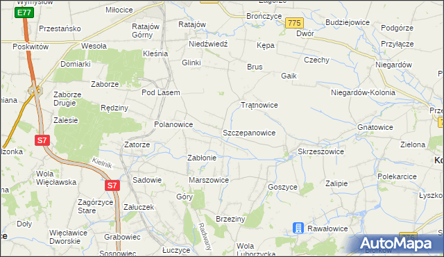 mapa Szczepanowice gmina Słomniki, Szczepanowice gmina Słomniki na mapie Targeo