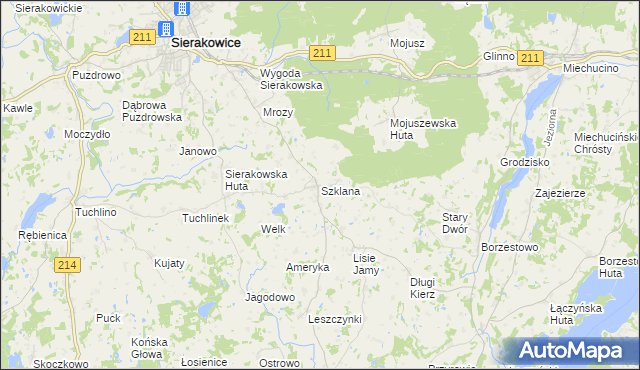 mapa Szklana gmina Sierakowice, Szklana gmina Sierakowice na mapie Targeo