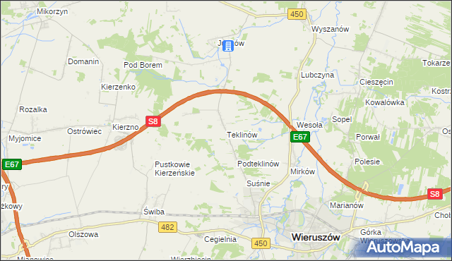 mapa Teklinów gmina Wieruszów, Teklinów gmina Wieruszów na mapie Targeo