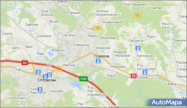 mapa Trzebinia powiat chrzanowski, Trzebinia powiat chrzanowski na mapie Targeo