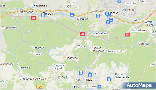 mapa Turza gmina Łazy, Turza gmina Łazy na mapie Targeo