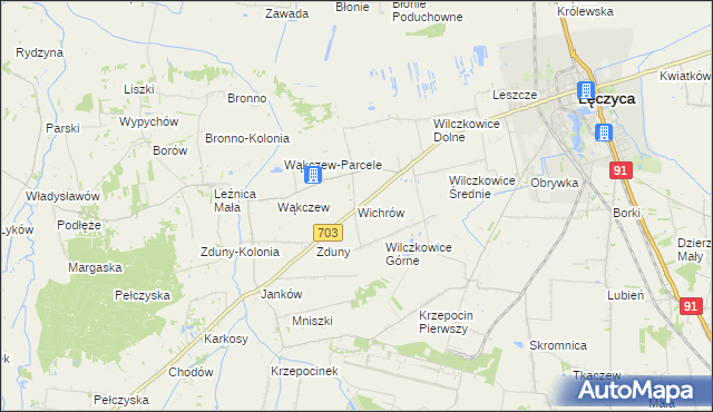 mapa Wichrów gmina Łęczyca, Wichrów gmina Łęczyca na mapie Targeo
