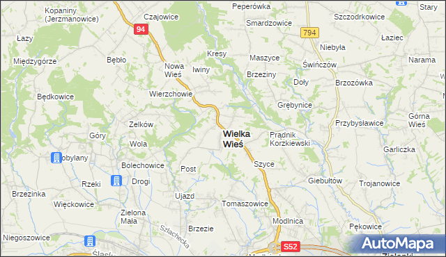 mapa Wielka Wieś powiat krakowski, Wielka Wieś powiat krakowski na mapie Targeo