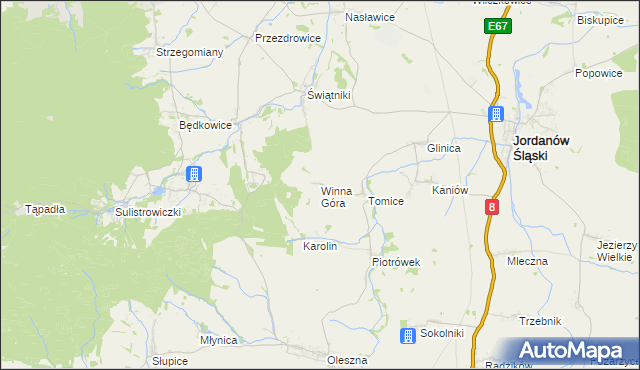 mapa Winna Góra gmina Jordanów Śląski, Winna Góra gmina Jordanów Śląski na mapie Targeo
