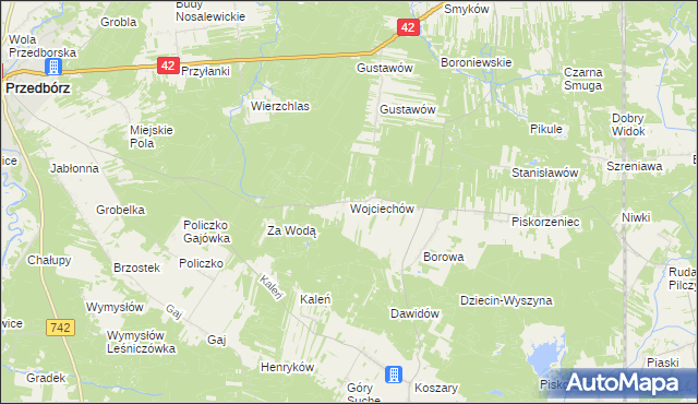 mapa Wojciechów gmina Przedbórz, Wojciechów gmina Przedbórz na mapie Targeo