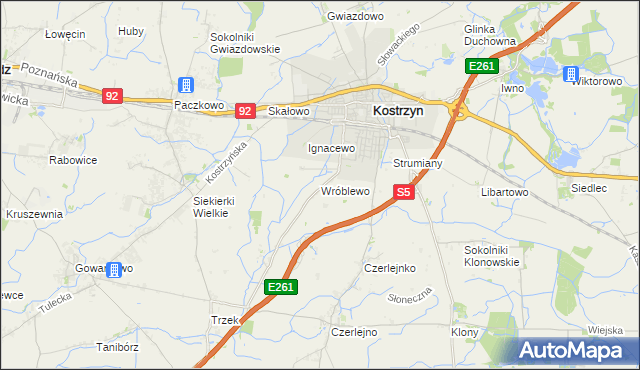 mapa Wróblewo gmina Kostrzyn, Wróblewo gmina Kostrzyn na mapie Targeo