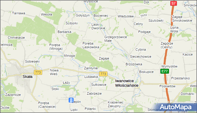 mapa Zagaje gmina Iwanowice, Zagaje gmina Iwanowice na mapie Targeo