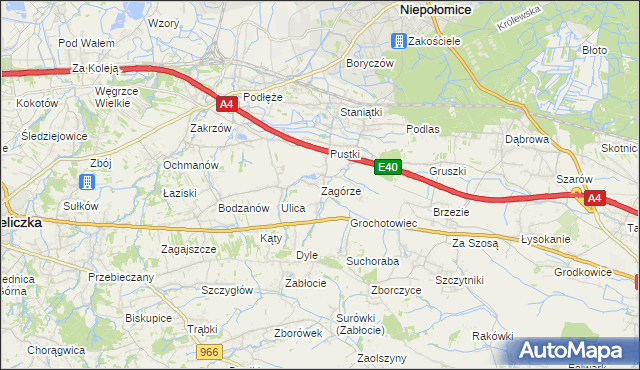 mapa Zagórze gmina Niepołomice, Zagórze gmina Niepołomice na mapie Targeo