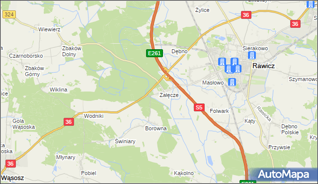 mapa Załęcze gmina Rawicz, Załęcze gmina Rawicz na mapie Targeo