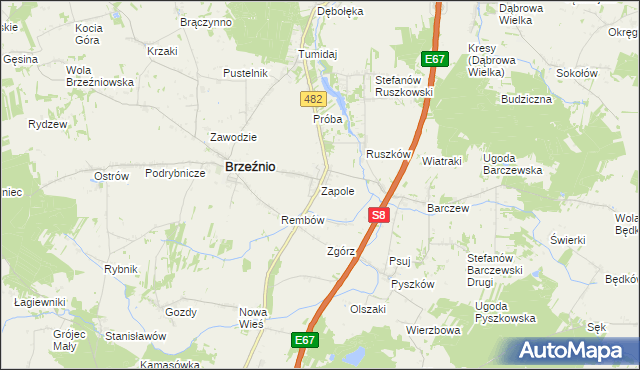 mapa Zapole gmina Brzeźnio, Zapole gmina Brzeźnio na mapie Targeo