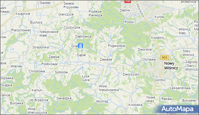 mapa Zawada gmina Bochnia, Zawada gmina Bochnia na mapie Targeo