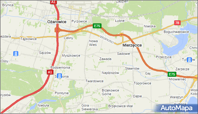 mapa Zawada gmina Mierzęcice, Zawada gmina Mierzęcice na mapie Targeo