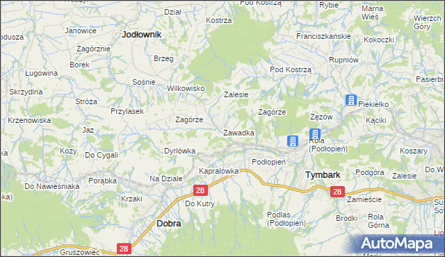 mapa Zawadka gmina Tymbark, Zawadka gmina Tymbark na mapie Targeo