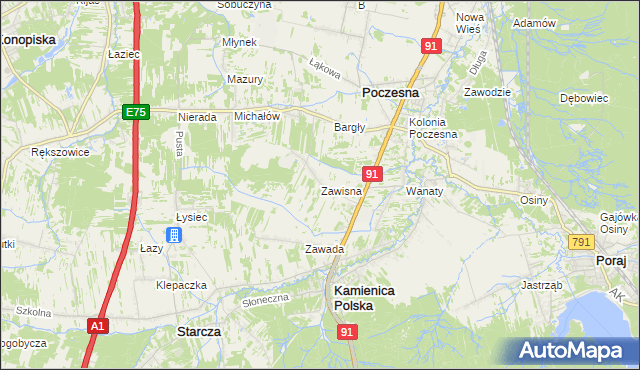 mapa Zawisna gmina Kamienica Polska, Zawisna gmina Kamienica Polska na mapie Targeo