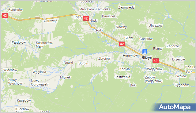 mapa Zbrojów gmina Bliżyn, Zbrojów gmina Bliżyn na mapie Targeo