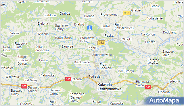 mapa Zebrzydowice gmina Kalwaria Zebrzydowska, Zebrzydowice gmina Kalwaria Zebrzydowska na mapie Targeo