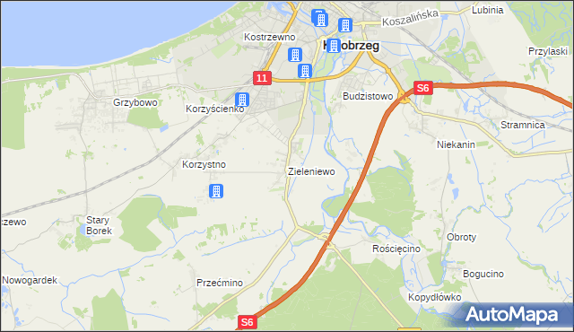 mapa Zieleniewo gmina Kołobrzeg, Zieleniewo gmina Kołobrzeg na mapie Targeo