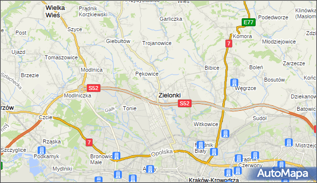 mapa Zielonki powiat krakowski, Zielonki powiat krakowski na mapie Targeo