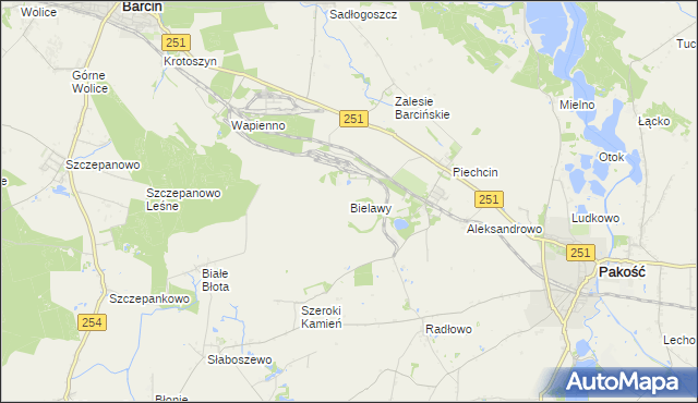 mapa Bielawy gmina Barcin, Bielawy gmina Barcin na mapie Targeo