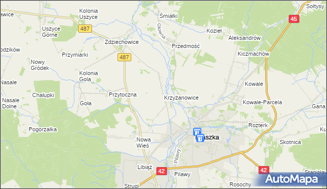 mapa Krzyżanowice gmina Gorzów Śląski, Krzyżanowice gmina Gorzów Śląski na mapie Targeo