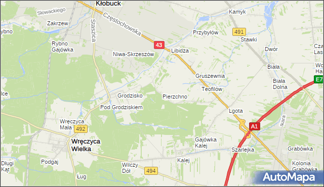 mapa Pierzchno gmina Wręczyca Wielka, Pierzchno gmina Wręczyca Wielka na mapie Targeo