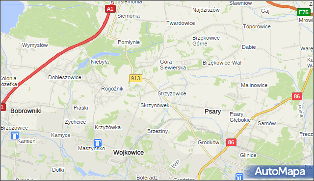 mapa Strzyżowice gmina Psary, Strzyżowice gmina Psary na mapie Targeo